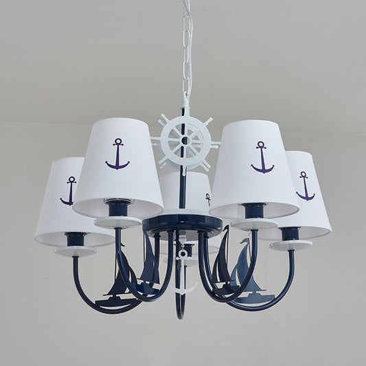 Tapered Chandelier Pendant Light Minimalist Fabric Kindergarten Hanging Light with Anchor Pattern in White Clearhalo 'Ceiling Lights' 'Chandeliers' Lighting' options 2162032