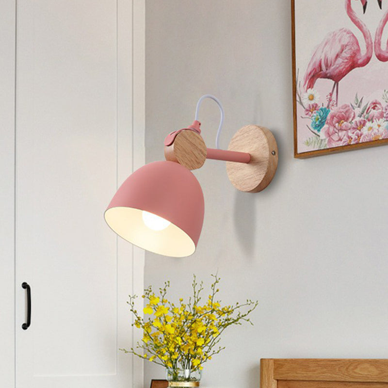 Simplicity Bell Wall Light Fixture Metallic Single-Bulb Bedroom Wall Mounted Lamp with Circle Wooden Backplate Pink Clearhalo 'Wall Lamps & Sconces' 'Wall Lights' Lighting' 2162044