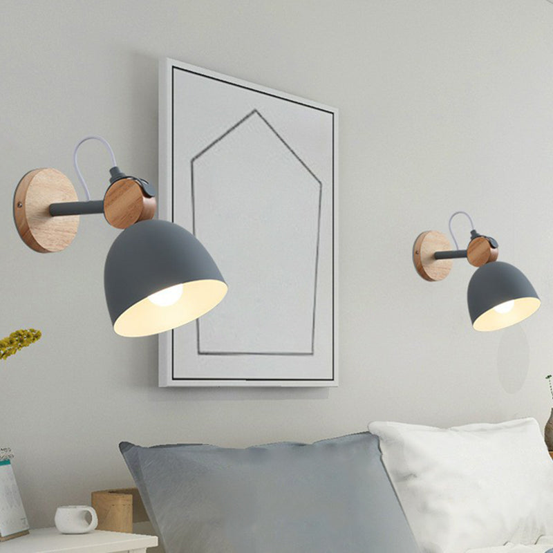 Simplicity Bell Wall Light Fixture Metallic Single-Bulb Bedroom Wall Mounted Lamp with Circle Wooden Backplate Grey Clearhalo 'Wall Lamps & Sconces' 'Wall Lights' Lighting' 2162046