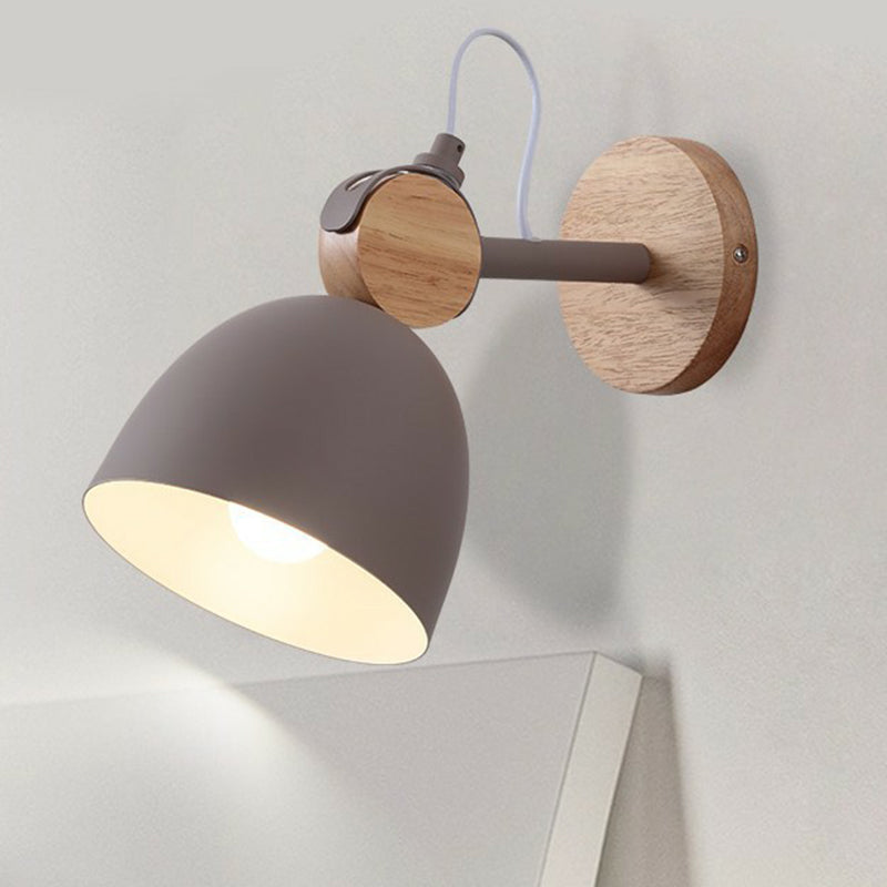 Simplicity Bell Wall Light Fixture Metallic Single-Bulb Bedroom Wall Mounted Lamp with Circle Wooden Backplate Khaki Clearhalo 'Wall Lamps & Sconces' 'Wall Lights' Lighting' 2162049