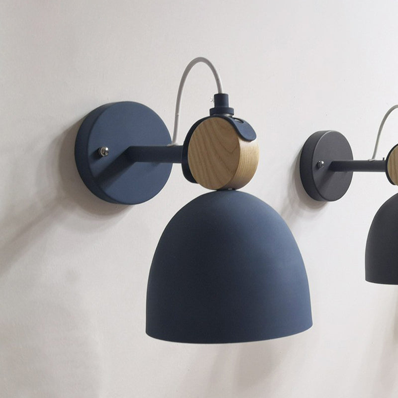 Simplicity Bell Wall Light Fixture Metallic Single-Bulb Bedroom Wall Mounted Lamp with Circle Wooden Backplate Royal Blue Clearhalo 'Wall Lamps & Sconces' 'Wall Lights' Lighting' 2162050