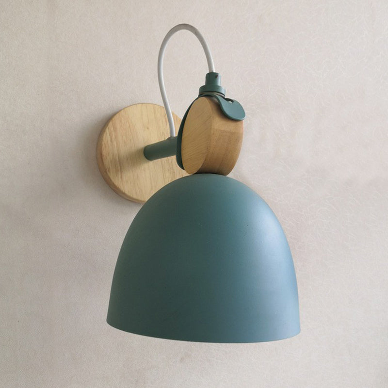 Simplicity Bell Wall Light Fixture Metallic Single-Bulb Bedroom Wall Mounted Lamp with Circle Wooden Backplate Green Clearhalo 'Wall Lamps & Sconces' 'Wall Lights' Lighting' 2162051