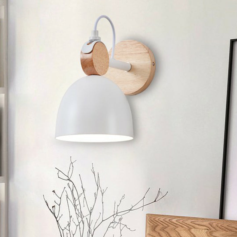 Simplicity Bell Wall Light Fixture Metallic Single-Bulb Bedroom Wall Mounted Lamp with Circle Wooden Backplate White Clearhalo 'Wall Lamps & Sconces' 'Wall Lights' Lighting' 2162052