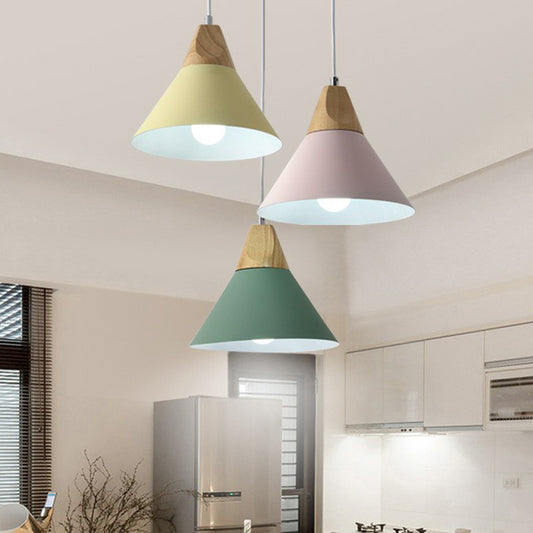 Metallic Conical Shade Hanging Light Nordic Style 3 Bulbs Wood Multi Light Pendant Clearhalo 'Ceiling Lights' 'Pendant Lights' 'Pendants' Lighting' 2162109