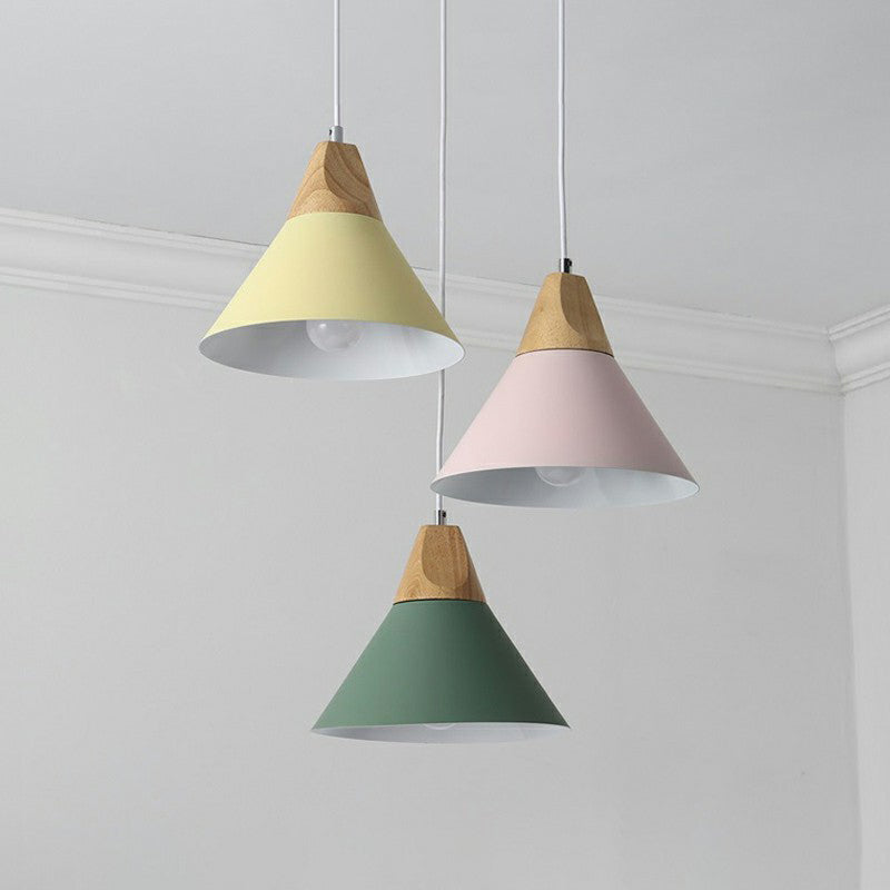 Metallic Conical Shade Hanging Light Nordic Style 3 Bulbs Wood Multi Light Pendant Clearhalo 'Ceiling Lights' 'Pendant Lights' 'Pendants' Lighting' 2162110