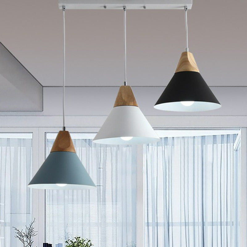 Metallic Conical Shade Hanging Light Nordic Style 3 Bulbs Wood Multi Light Pendant Clearhalo 'Ceiling Lights' 'Pendant Lights' 'Pendants' Lighting' 2162111