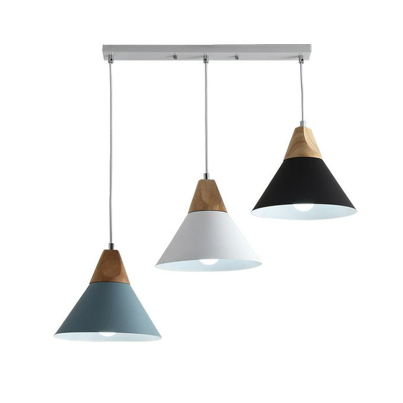 Metallic Conical Shade Hanging Light Nordic Style 3 Bulbs Wood Multi Light Pendant Clearhalo 'Ceiling Lights' 'Pendant Lights' 'Pendants' Lighting' 2162112