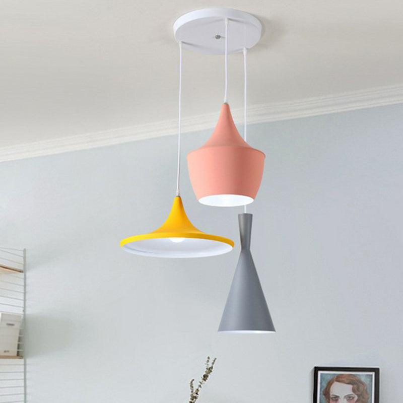 Shaded Hanging Lighting Minimalistic Metallic 3 Heads Pink-Yellow Multi Light Pendant Clearhalo 'Ceiling Lights' 'Pendant Lights' 'Pendants' Lighting' 2162128