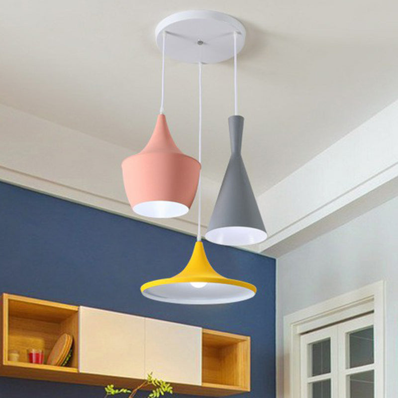 Shaded Hanging Lighting Minimalistic Metallic 3 Heads Pink-Yellow Multi Light Pendant Clearhalo 'Ceiling Lights' 'Pendant Lights' 'Pendants' Lighting' 2162129