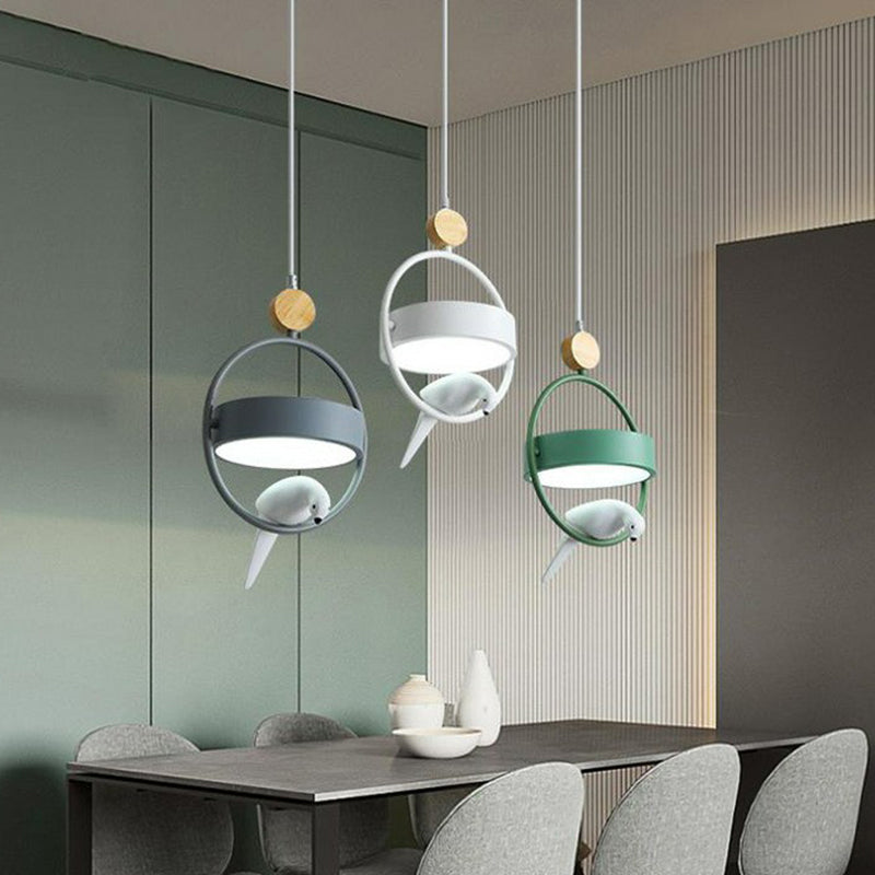 Ring Dining Room Multi Ceiling Lamp Metal 3 Bulbs Simplicity Suspension Light with Bird Decor in Gray-Green Gray-Green Linear Clearhalo 'Ceiling Lights' 'Pendant Lights' 'Pendants' Lighting' 2162131_37a8c9f4-5184-4593-9f7c-7a119338db87