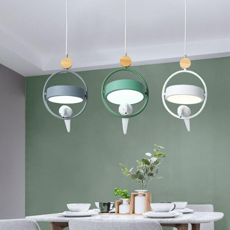 Ring Dining Room Multi Ceiling Lamp Metal 3 Bulbs Simplicity Suspension Light with Bird Decor in Gray-Green Clearhalo 'Ceiling Lights' 'Pendant Lights' 'Pendants' Lighting' 2162132