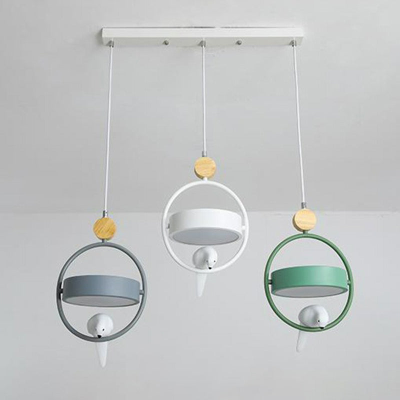 Ring Dining Room Multi Ceiling Lamp Metal 3 Bulbs Simplicity Suspension Light with Bird Decor in Gray-Green Clearhalo 'Ceiling Lights' 'Pendant Lights' 'Pendants' Lighting' 2162137