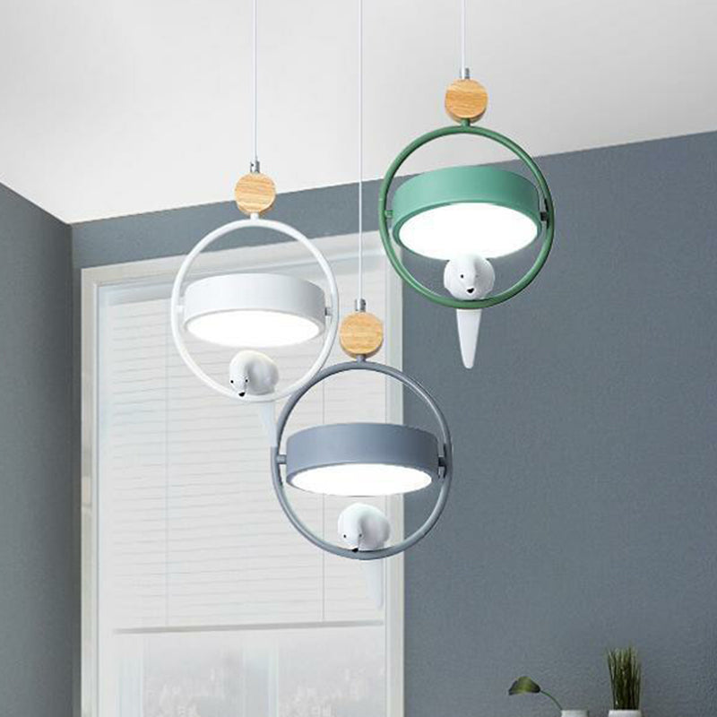 Ring Dining Room Multi Ceiling Lamp Metal 3 Bulbs Simplicity Suspension Light with Bird Decor in Gray-Green Gray-Green Round Clearhalo 'Ceiling Lights' 'Pendant Lights' 'Pendants' Lighting' 2162138_c4821145-012c-43e5-a5ff-da6051f67f4a