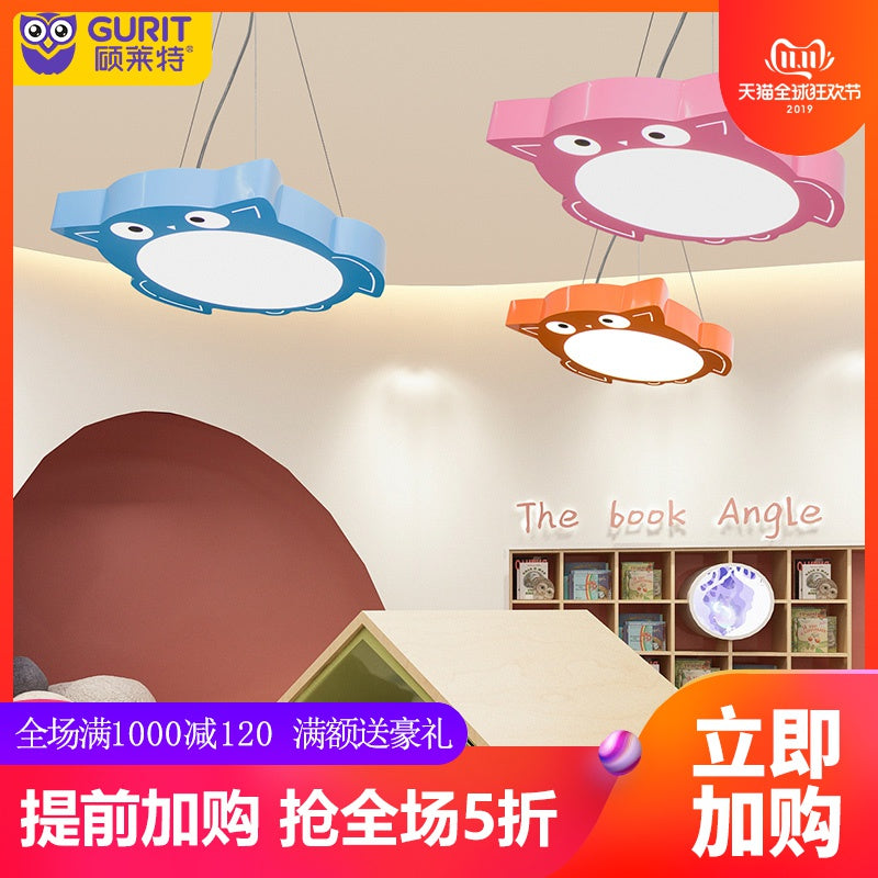 Modernism Owl Design Pendant Light Acrylic LED Children Bedroom Chandelier Lamp in Pink/Yellow Clearhalo 'Ceiling Lights' 'Chandeliers' Lighting' options 216224