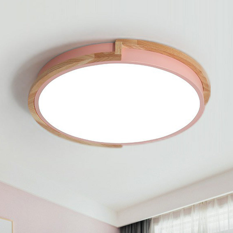 Circular LED Flush Mount Minimalist Acrylic Living Room Flushmount Ceiling Light with Wooden Frame Pink Clearhalo 'Ceiling Lights' 'Close To Ceiling Lights' 'Close to ceiling' 'Flush mount' Lighting' 2162269