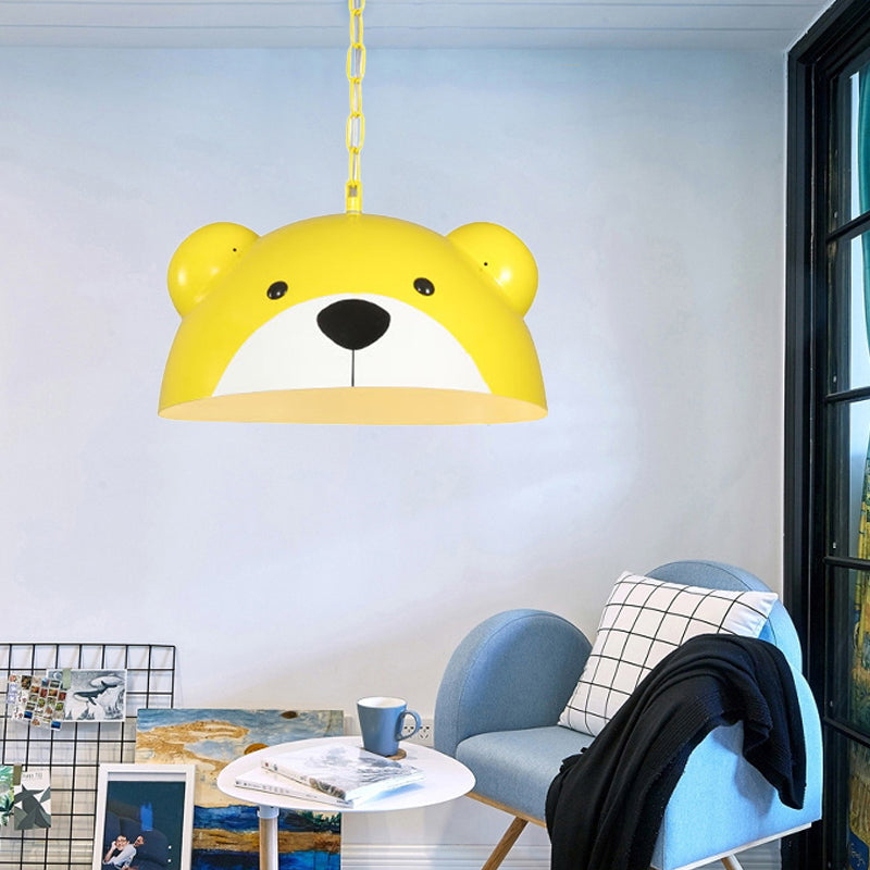 Metallic Dome Pendant Light Fixture Kids 1 Light Red/Yellow Hanging Lamp with Bear Design for Children Bedroom Clearhalo 'Ceiling Lights' 'Pendant Lights' 'Pendants' Lighting' 216236