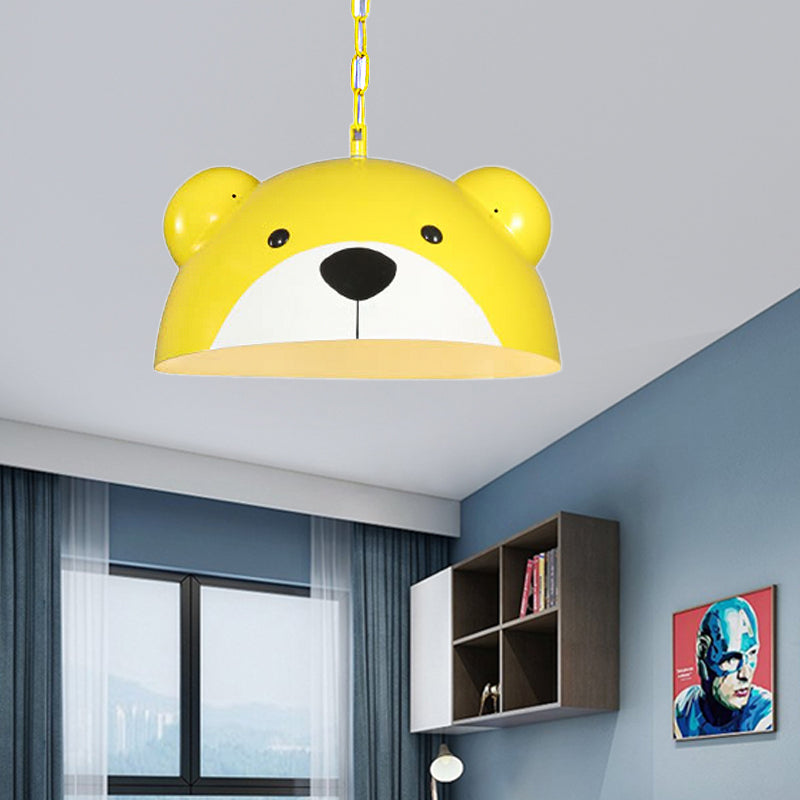 Metallic Dome Pendant Light Fixture Kids 1 Light Red/Yellow Hanging Lamp with Bear Design for Children Bedroom Clearhalo 'Ceiling Lights' 'Pendant Lights' 'Pendants' Lighting' 216237