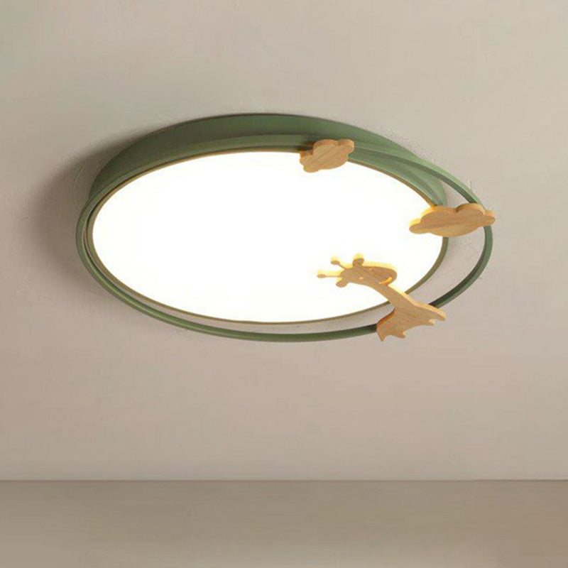 Circular Flush Mount Lighting Cartoon Metallic Kids Bedroom LED Flush Mount Fixture with Wooden Decor Green Clearhalo 'Ceiling Lights' 'Close To Ceiling Lights' 'Close to ceiling' 'Flush mount' Lighting' 2162370