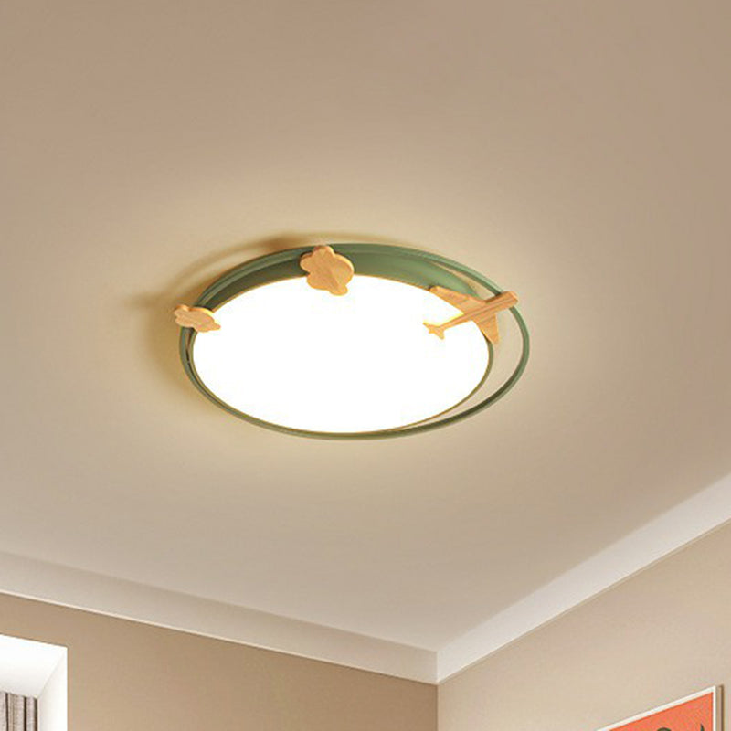 Circular Flush Mount Lighting Cartoon Metallic Kids Bedroom LED Flush Mount Fixture with Wooden Decor Clearhalo 'Ceiling Lights' 'Close To Ceiling Lights' 'Close to ceiling' 'Flush mount' Lighting' 2162373