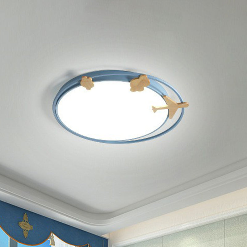 Circular Flush Mount Lighting Cartoon Metallic Kids Bedroom LED Flush Mount Fixture with Wooden Decor Blue Clearhalo 'Ceiling Lights' 'Close To Ceiling Lights' 'Close to ceiling' 'Flush mount' Lighting' 2162375