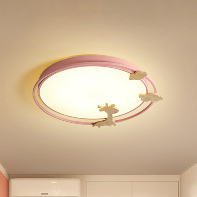 Circular Flush Mount Lighting Cartoon Metallic Kids Bedroom LED Flush Mount Fixture with Wooden Decor Pink Clearhalo 'Ceiling Lights' 'Close To Ceiling Lights' 'Close to ceiling' 'Flush mount' Lighting' 2162376