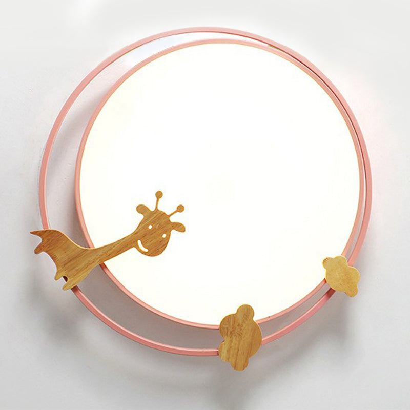 Circular Flush Mount Lighting Cartoon Metallic Kids Bedroom LED Flush Mount Fixture with Wooden Decor Clearhalo 'Ceiling Lights' 'Close To Ceiling Lights' 'Close to ceiling' 'Flush mount' Lighting' 2162379