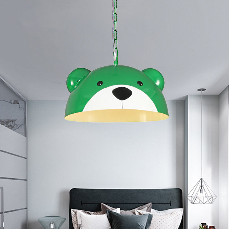 Metallic Dome Pendant Light Fixture Kids 1 Light Red/Yellow Hanging Lamp with Bear Design for Children Bedroom Clearhalo 'Ceiling Lights' 'Pendant Lights' 'Pendants' Lighting' 216240