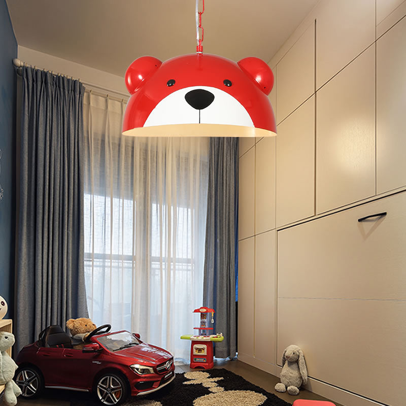 Metallic Dome Pendant Light Fixture Kids 1 Light Red/Yellow Hanging Lamp with Bear Design for Children Bedroom Clearhalo 'Ceiling Lights' 'Pendant Lights' 'Pendants' Lighting' 216243