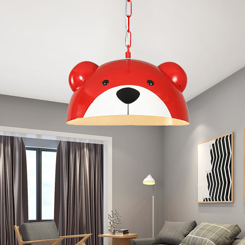 Metallic Dome Pendant Light Fixture Kids 1 Light Red/Yellow Hanging Lamp with Bear Design for Children Bedroom Red Clearhalo 'Ceiling Lights' 'Pendant Lights' 'Pendants' Lighting' 216244_bb13fea1-559b-46b3-8453-65bcdac21907