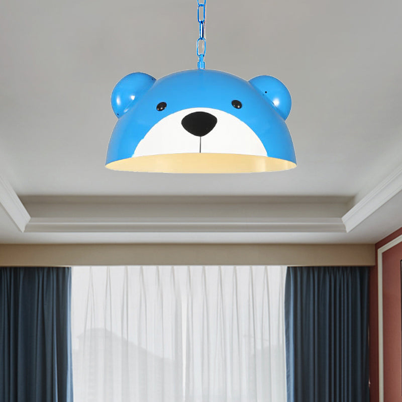 Metallic Dome Pendant Light Fixture Kids 1 Light Red/Yellow Hanging Lamp with Bear Design for Children Bedroom Blue Clearhalo 'Ceiling Lights' 'Pendant Lights' 'Pendants' Lighting' 216246_867b1f9d-a676-4a72-ad0b-8be3ab5cbba6