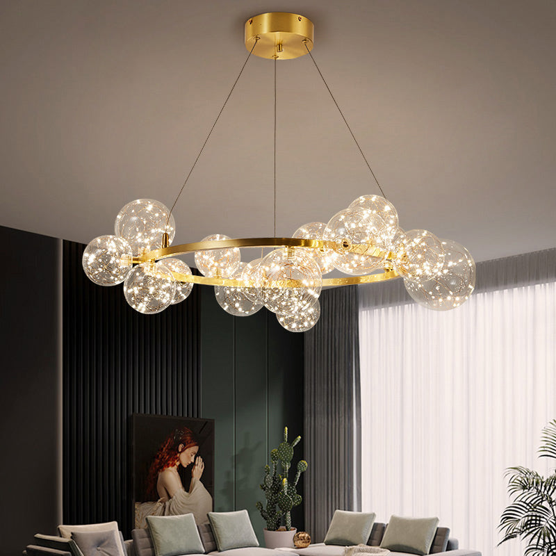 Globe Living Room Ceiling Lighting Clear Glass Contemporary LED Chandelier Light with Halo Ring in Gold 15 Gold Clearhalo 'Ceiling Lights' 'Modern Pendants' 'Modern' 'Pendant Lights' 'Pendants' Lighting' 2162491