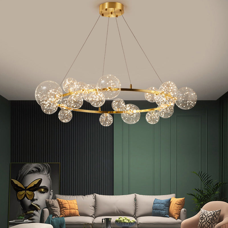 Globe Living Room Ceiling Lighting Clear Glass Contemporary LED Chandelier Light with Halo Ring in Gold 24 Gold Clearhalo 'Ceiling Lights' 'Modern Pendants' 'Modern' 'Pendant Lights' 'Pendants' Lighting' 2162494