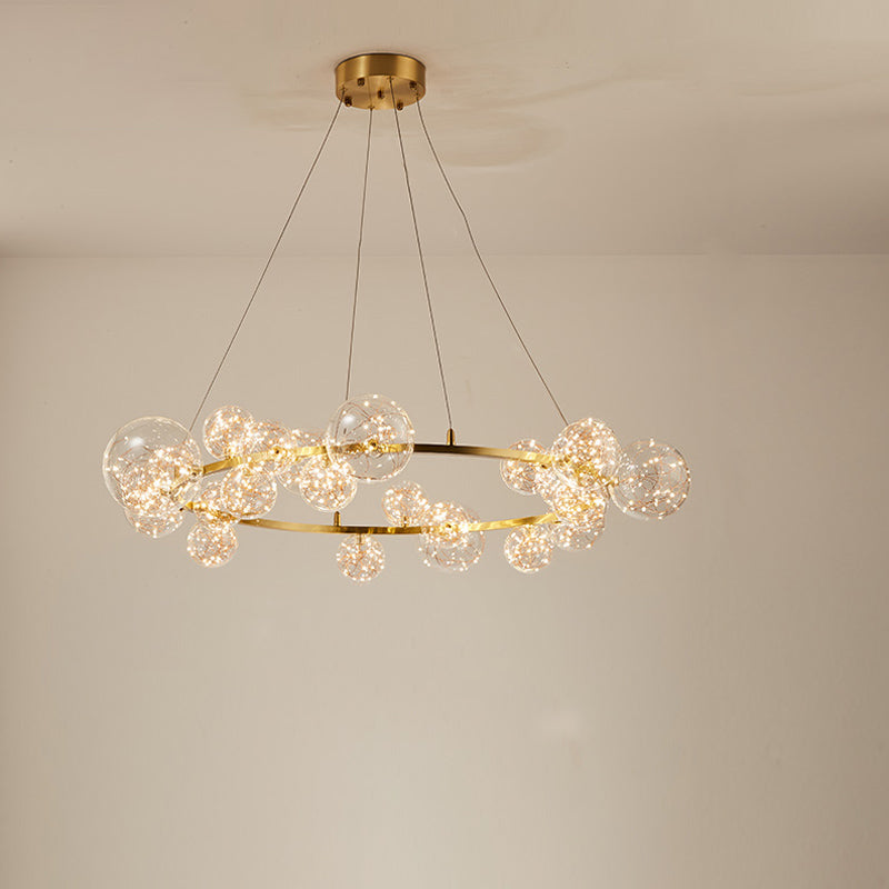 Globe Living Room Ceiling Lighting Clear Glass Contemporary LED Chandelier Light with Halo Ring in Gold Clearhalo 'Ceiling Lights' 'Modern Pendants' 'Modern' 'Pendant Lights' 'Pendants' Lighting' 2162495
