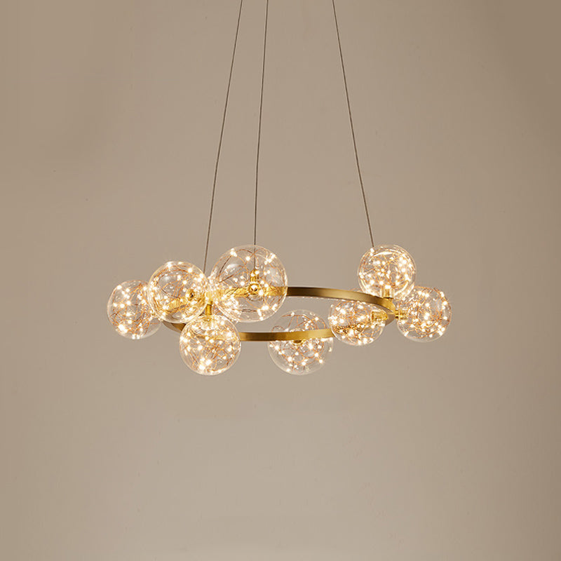 Globe Living Room Ceiling Lighting Clear Glass Contemporary LED Chandelier Light with Halo Ring in Gold Clearhalo 'Ceiling Lights' 'Modern Pendants' 'Modern' 'Pendant Lights' 'Pendants' Lighting' 2162499