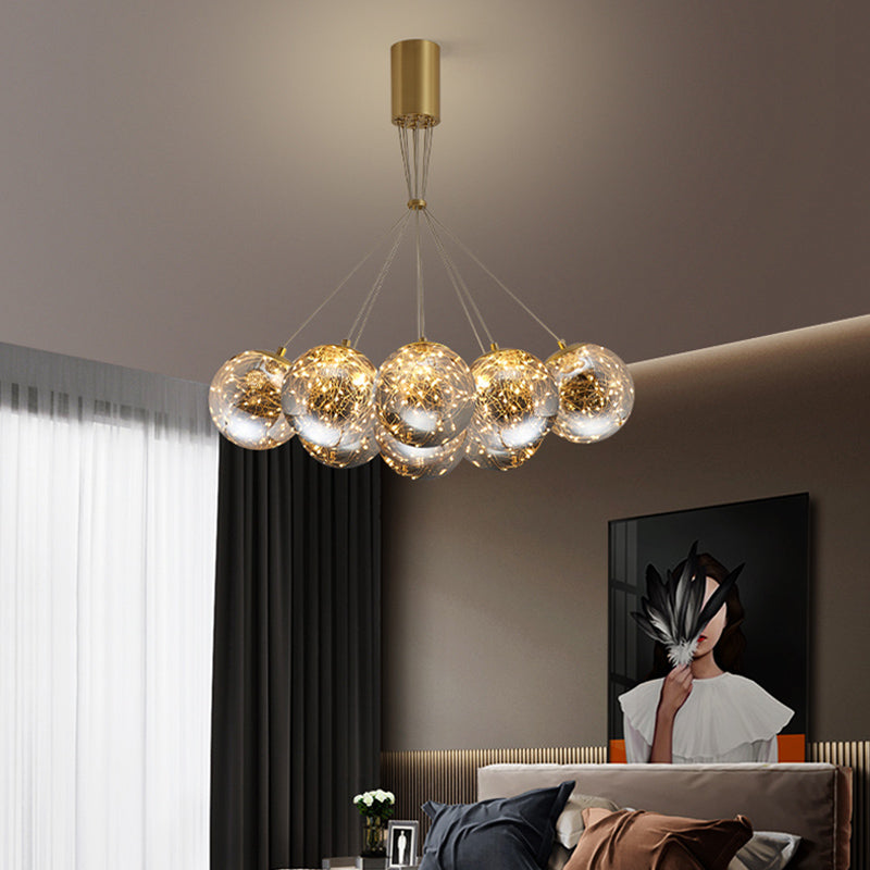 Sphere Handblown Glass LED Multi Light Pendant Modern Brass Starry Hanging Lighting Clearhalo 'Ceiling Lights' 'Modern Pendants' 'Modern' 'Pendant Lights' 'Pendants' Lighting' 2162528