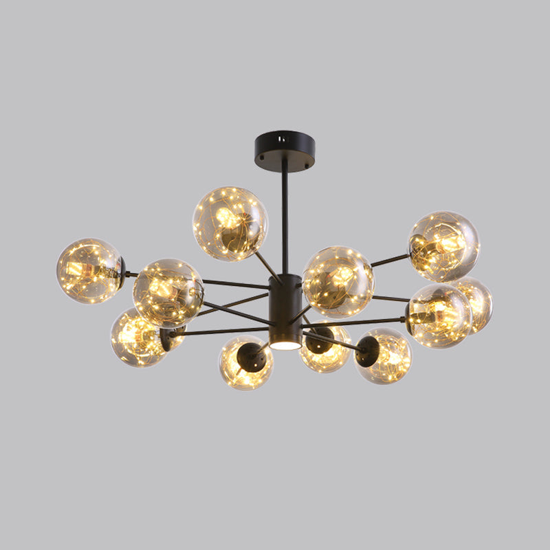 Black Radial Chandelier Pendant Light Contemporary Metallic LED Hanging Light with Sphere Clear Glass Shade Clearhalo 'Ceiling Lights' 'Chandeliers' Lighting' options 2162531