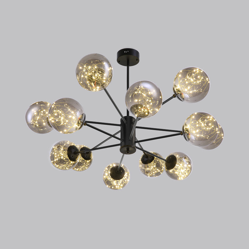 Black Radial Chandelier Pendant Light Contemporary Metallic LED Hanging Light with Sphere Clear Glass Shade Clearhalo 'Ceiling Lights' 'Chandeliers' Lighting' options 2162532