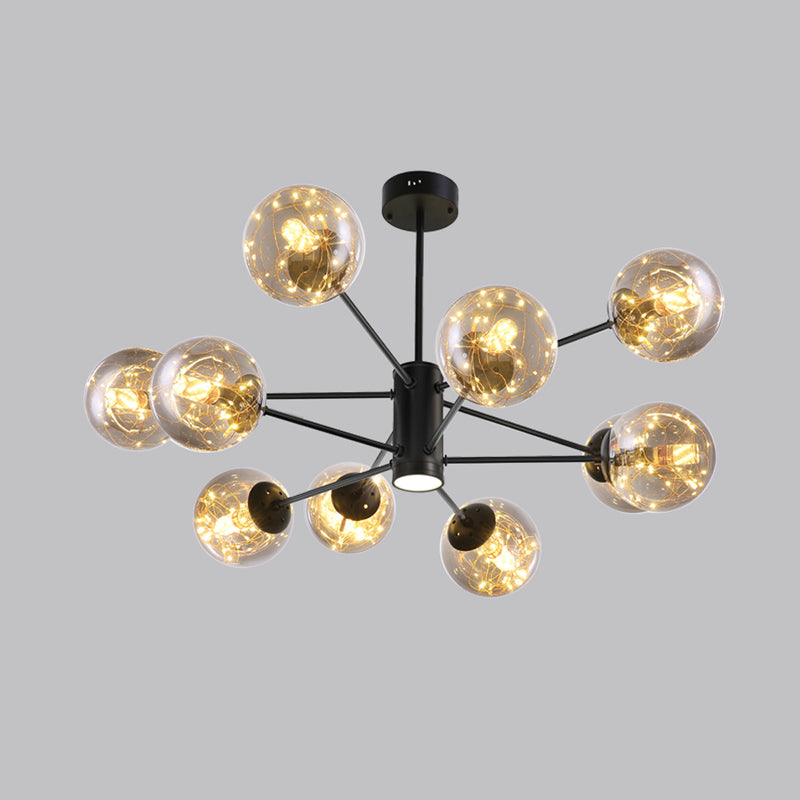 Black Radial Chandelier Pendant Light Contemporary Metallic LED Hanging Light with Sphere Clear Glass Shade Clearhalo 'Ceiling Lights' 'Chandeliers' Lighting' options 2162533