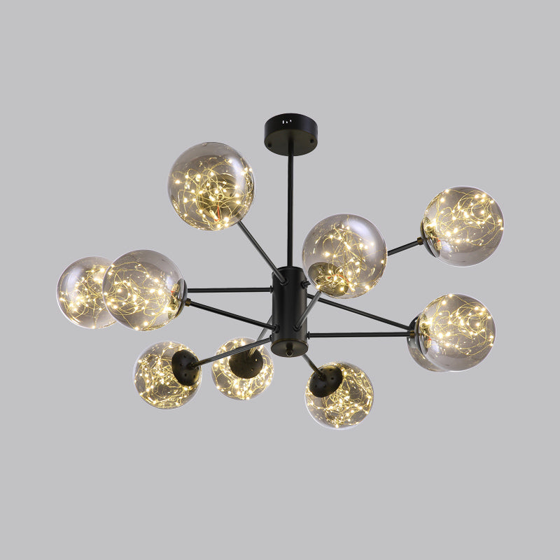 Black Radial Chandelier Pendant Light Contemporary Metallic LED Hanging Light with Sphere Clear Glass Shade Clearhalo 'Ceiling Lights' 'Chandeliers' Lighting' options 2162536