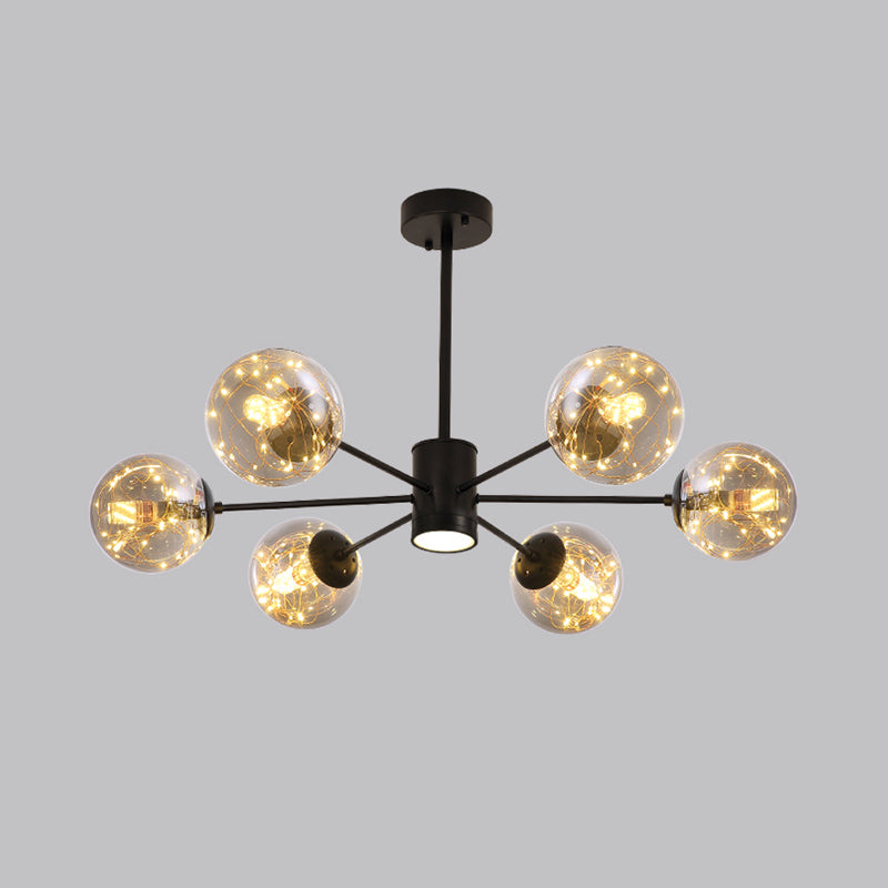 Black Radial Chandelier Pendant Light Contemporary Metallic LED Hanging Light with Sphere Clear Glass Shade Clearhalo 'Ceiling Lights' 'Chandeliers' Lighting' options 2162537