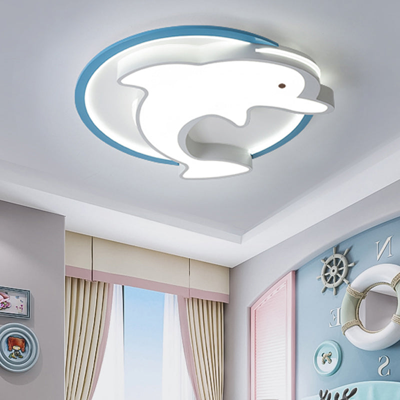 Kids LED Flush Ceiling Light Fixture with Acrylic Shade Blue Dolphin Flush Mount Light in Warm/White Light, 18"/23.5" W Blue White Clearhalo 'Ceiling Lights' 'Close To Ceiling Lights' 'Close to ceiling' 'Flush mount' Lighting' 216259