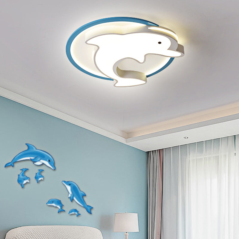 Kids LED Flush Ceiling Light Fixture with Acrylic Shade Blue Dolphin Flush Mount Light in Warm/White Light, 18"/23.5" W Clearhalo 'Ceiling Lights' 'Close To Ceiling Lights' 'Close to ceiling' 'Flush mount' Lighting' 216260