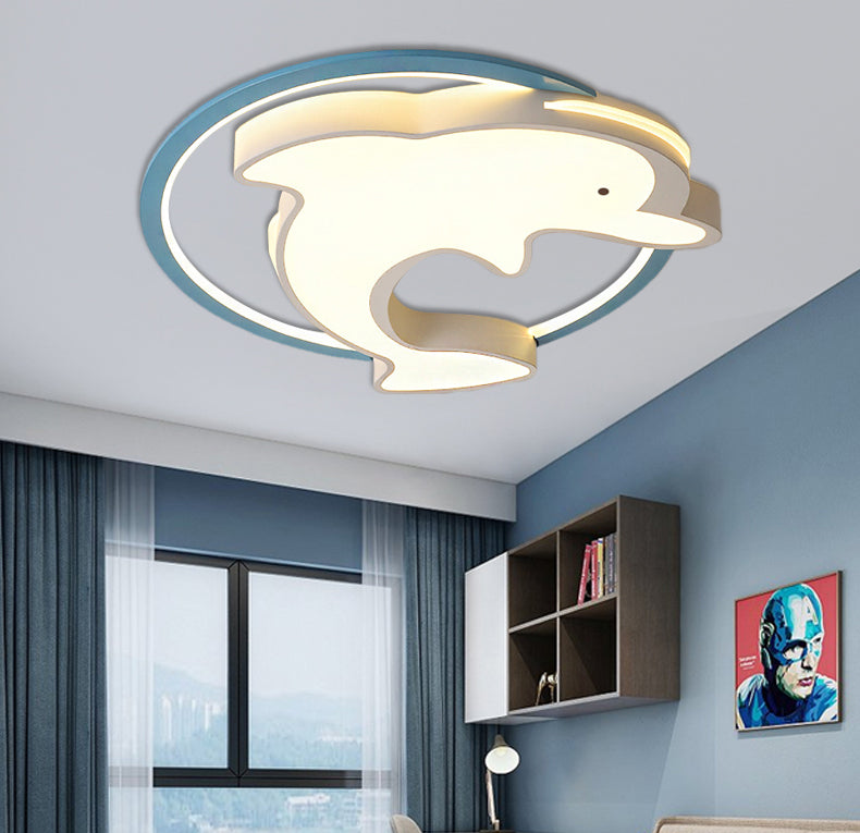 Kids LED Flush Ceiling Light Fixture with Acrylic Shade Blue Dolphin Flush Mount Light in Warm/White Light, 18"/23.5" W Clearhalo 'Ceiling Lights' 'Close To Ceiling Lights' 'Close to ceiling' 'Flush mount' Lighting' 216263