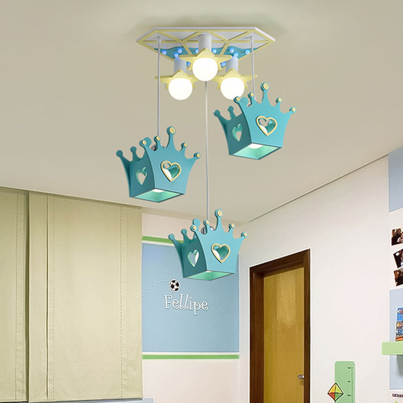 Wooden Crown Shade Hanging Lamp Cartoon Style 6 Lights Blue/Pink Pendant Ceiling Light with Triangle Canopy Blue Clearhalo 'Ceiling Lights' 'Pendant Lights' 'Pendants' Lighting' 216329_27a18c51-9db4-48f3-843f-207d45f0aa03