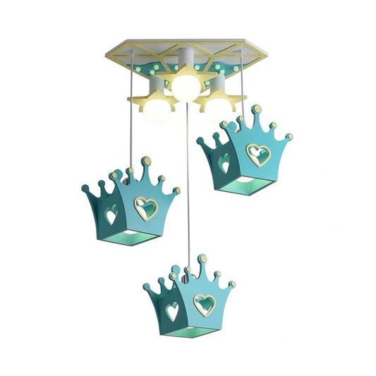 Wooden Crown Shade Hanging Lamp Cartoon Style 6 Lights Blue/Pink Pendant Ceiling Light with Triangle Canopy Clearhalo 'Ceiling Lights' 'Pendant Lights' 'Pendants' Lighting' 216331