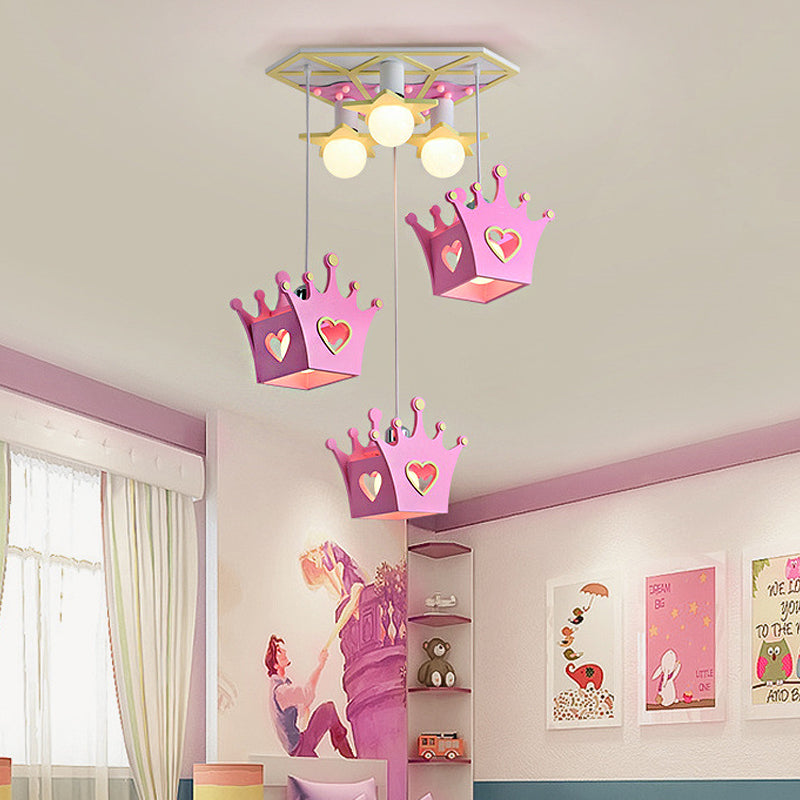 Wooden Crown Shade Hanging Lamp Cartoon Style 6 Lights Blue/Pink Pendant Ceiling Light with Triangle Canopy Clearhalo 'Ceiling Lights' 'Pendant Lights' 'Pendants' Lighting' 216332