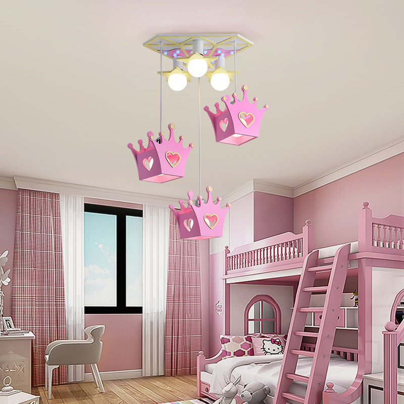 Wooden Crown Shade Hanging Lamp Cartoon Style 6 Lights Blue/Pink Pendant Ceiling Light with Triangle Canopy Pink Clearhalo 'Ceiling Lights' 'Pendant Lights' 'Pendants' Lighting' 216333_fd886b9d-ef5c-49fe-8aef-0e4d66c7f8af