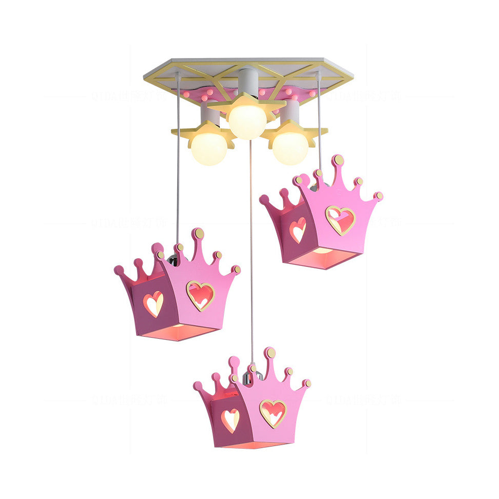 Wooden Crown Shade Hanging Lamp Cartoon Style 6 Lights Blue/Pink Pendant Ceiling Light with Triangle Canopy Clearhalo 'Ceiling Lights' 'Pendant Lights' 'Pendants' Lighting' 216334