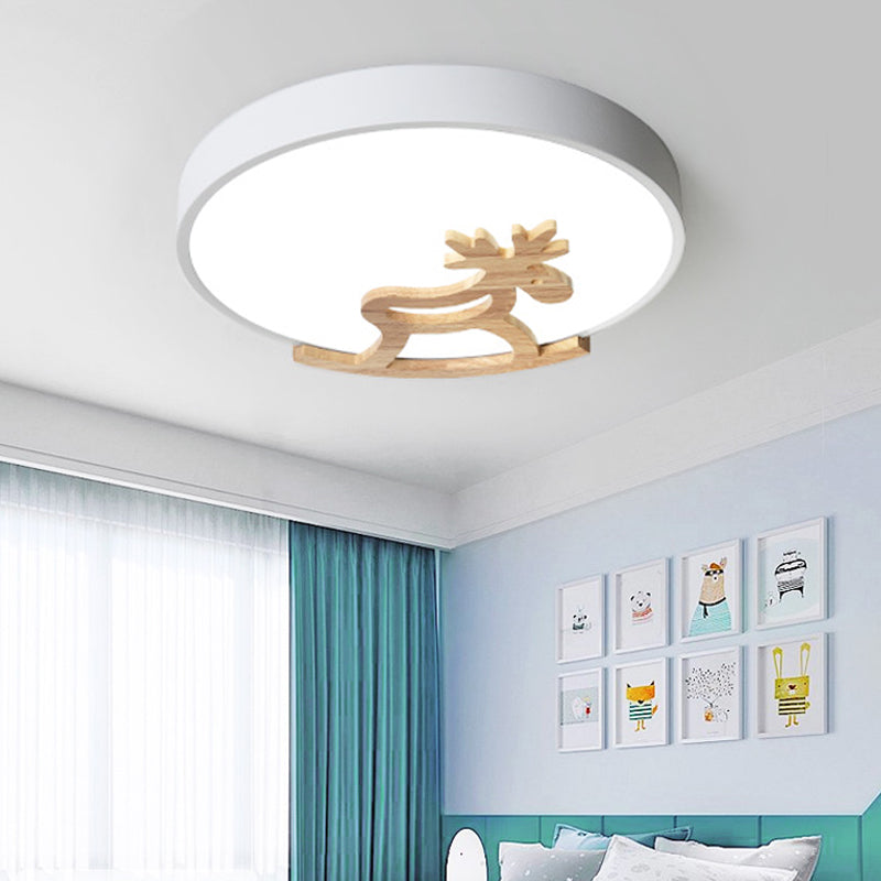 Round Flush Ceiling Light Kids Acrylic LED Bedroom Gray/White Ceiling Mounted Light with Wooden Deer Deco Clearhalo 'Ceiling Lights' 'Close To Ceiling Lights' 'Close to ceiling' 'Flush mount' Lighting' 216356