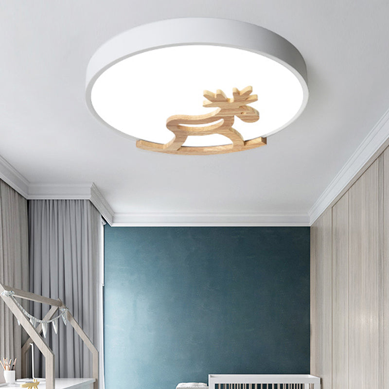 Round Flush Ceiling Light Kids Acrylic LED Bedroom Gray/White Ceiling Mounted Light with Wooden Deer Deco White Clearhalo 'Ceiling Lights' 'Close To Ceiling Lights' 'Close to ceiling' 'Flush mount' Lighting' 216357